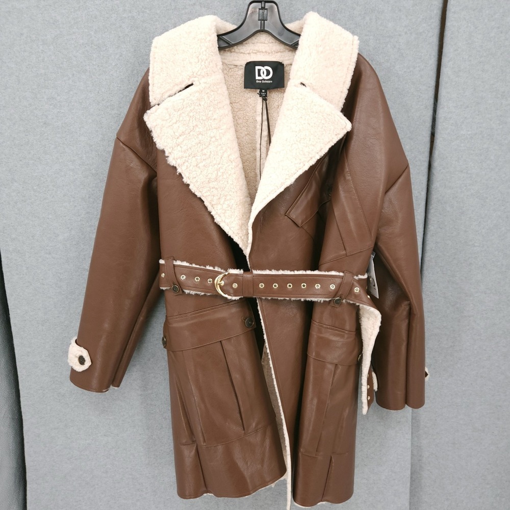 Dee Ocleppo Irene Faux Shearling Belted Brown Cream Winter Coat Womens Size XL